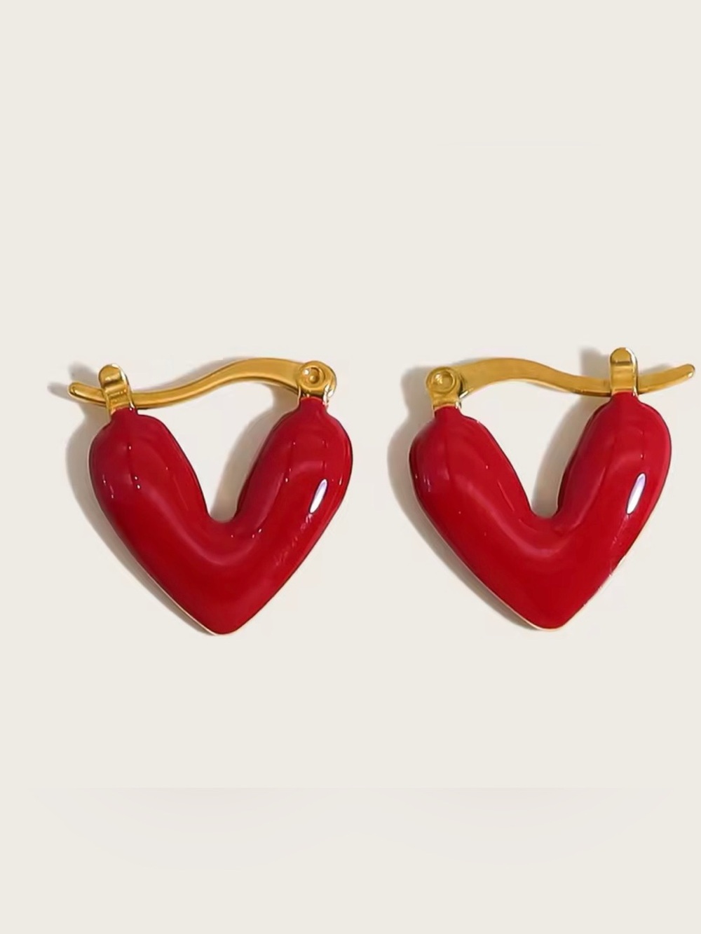 Gold-Tone Hoop Earrings with Red Heart Charms